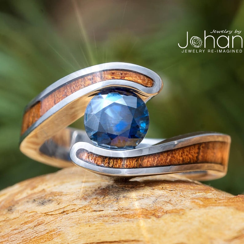 Koa Wood Engagement Ring, Colored Stone in Tension Setting - Jewelry by Johan