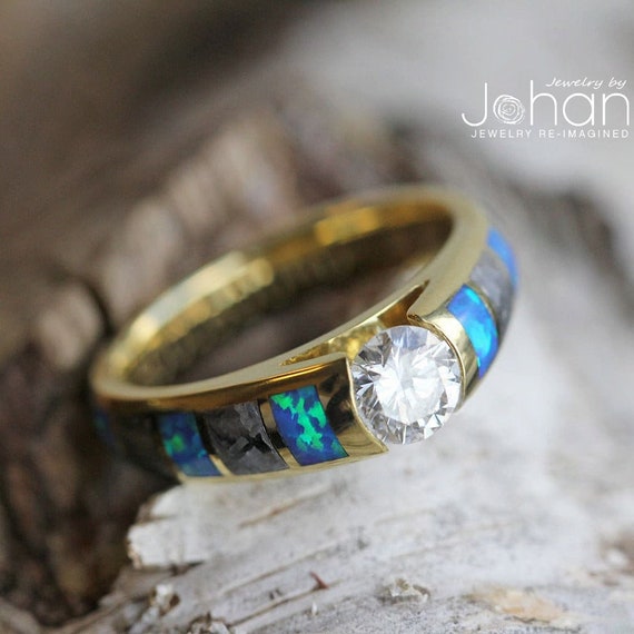 Unique Diamond Engagement Ring With Cathedral Setting Featuring Meteorite & Opal Inlays, Bezel Set Ring