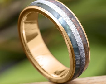 Rose Gold Wedding Band with Meteorite, Fossil, & Jade