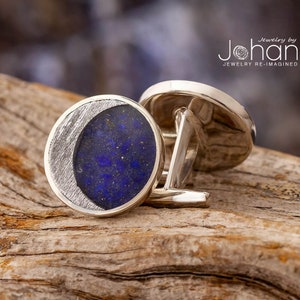 Custom Starry Night Cuff Links, Round Cuff Links with Authentic Meteorite and Lapis Lazuli, Unique Something Blue