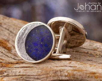 Custom Starry Night Cuff Links, Round Cuff Links with Authentic Meteorite and Lapis Lazuli, Unique Something Blue