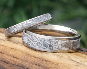 His & Hers Meteorite Rings in Titanium, Solid Gold or Platinum, Unique Matching Wedding Rings, Authentic Gibeon Meteorite Jewelry