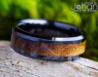 Whiskey Barrel Wood Men's Wedding Ring In Hi Tech Black Ceramic, Black Wood Ring for Groom