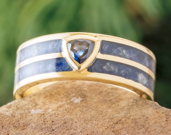 Trillion Blue Sapphire Wedding Band in Polished Gold