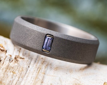 Sandblasted Titanium Men's Wedding Band With Tanzanite