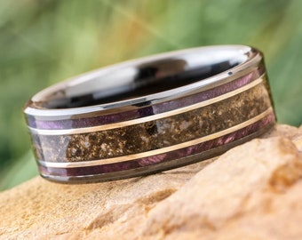 Violet Wood & Dinosaur Bone Wedding Band in Black Ceramic