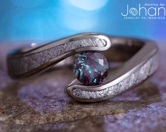 Alexandrite Engagement Ring, Gibeon Meteorite, Tension Set, Titanium