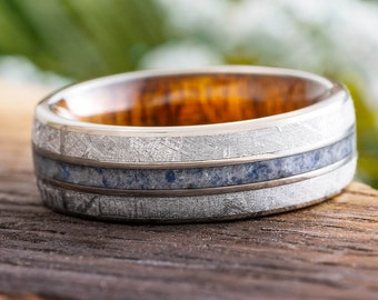 Meteorite and Sapphire Wedding Band for Men with Koa Wood