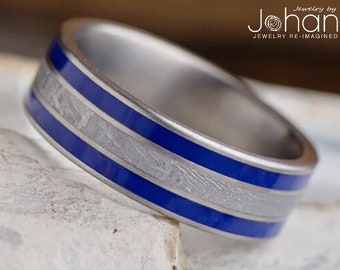 Meteorite & Blue Enamel Men's Wedding Band, Blue Ring for Man, Blue Wedding Band, ther Enamel Colors Available