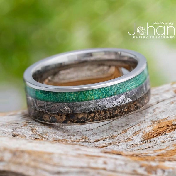 Dinosaur Bone, Meteorite & Green Box Elder Burl Wood Ring, Green Men's Wedding Band, Unique Triple Inlay Ring