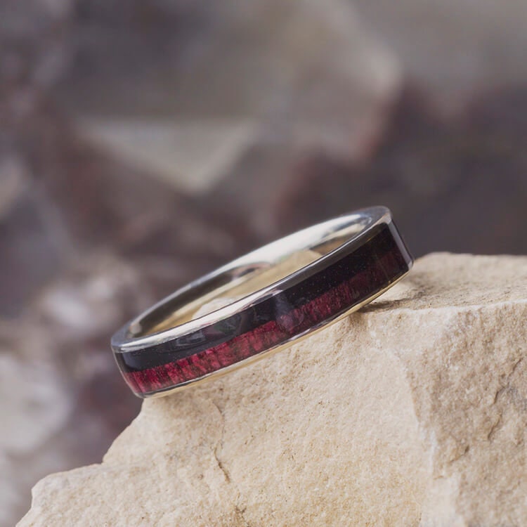 Wood Wedding Band For Her 14k White Gold Ring With Purple