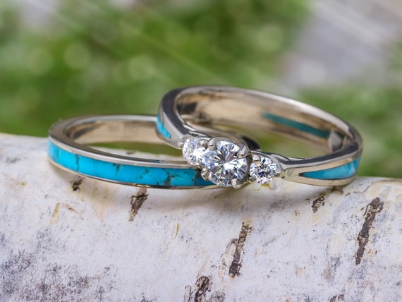 Turquoise Bridal Set With Three Stone Engagement Ring and | Etsy