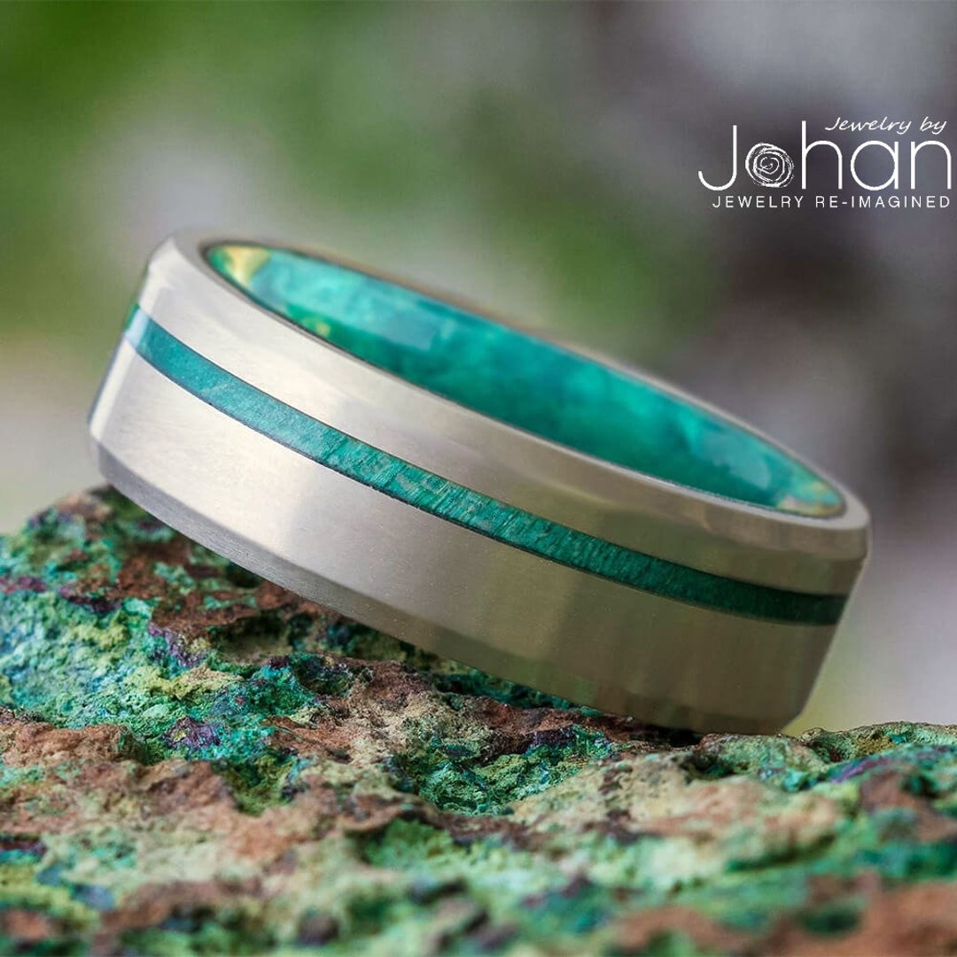 Green Box Elder Burl Wood Wedding Band With Matte White Gold - Etsy