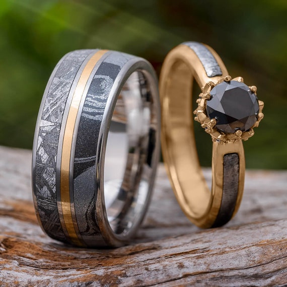 Meteorite Wedding Ring Set with Diamond Ring