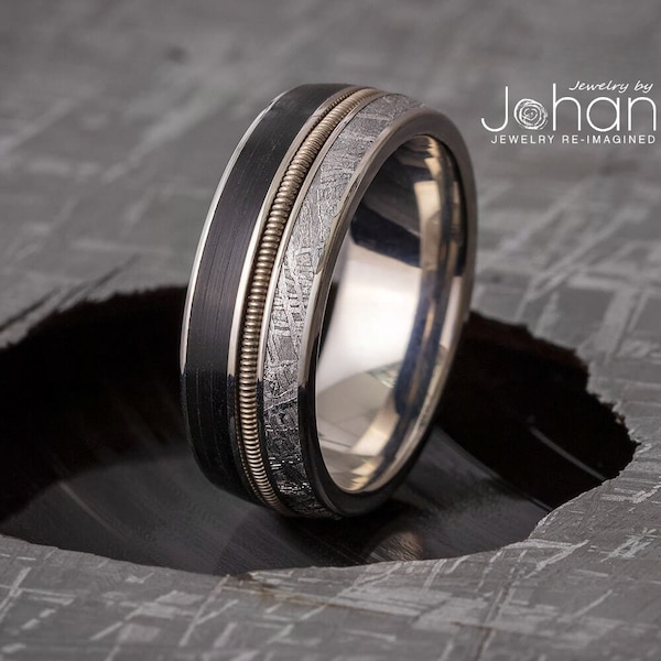 Vinyl Record Ring with Guitar String and Meteorite