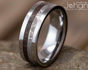 Tungsten Meteorite Men's Wedding Band With Authentic Dinosaur Bone, Fossil Ring for Man