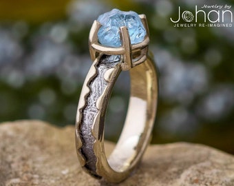 Rough Stone Engagement Ring with Wavy Meteorite Band, Unique Aquamarine Ring, March Birthstone Jewelry