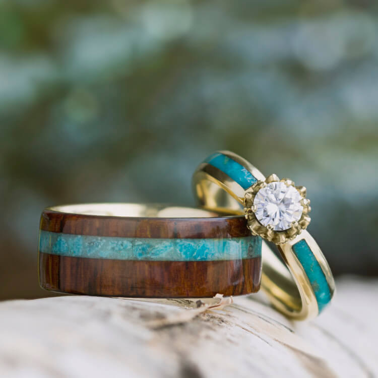 Turquoise Wedding Ring Set in 14k Yellow Gold Moissanite | Etsy