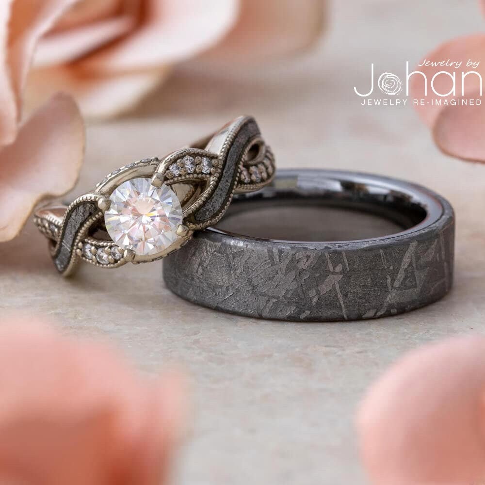 Meteorite Wedding Ring Set, Moissanite Twist Engagement Ring & Men's Wedding  Band With Meteorite in Titanium 