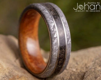 Dinosaur Bone Men's Wedding Band With Authentic Meteorite and Wood Inside