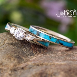 Turquoise Bridal Set with Three Stone Engagement Ring and Matching White Gold Wedding Band