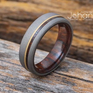 Ironwood Wedding Band With Yellow Gold Pinstripe, Sandblasted Titanium Ring With Wood