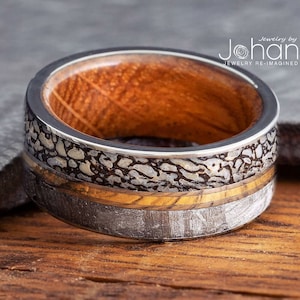 Dinosaur Bone Wedding Band With Gold Pinstripe, Meteorite and Whiskey Barrel Wood Sleeve image 1