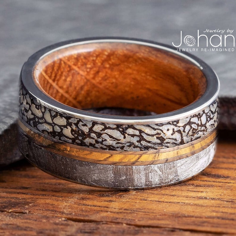 Dinosaur Bone Wedding Band With Gold Pinstripe, Meteorite and Whiskey Barrel Wood Sleeve image 1