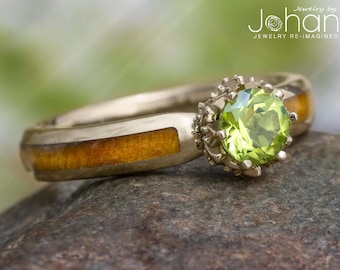 Peridot Engagement Ring with Diamond Lotus and Black Ash Burl, Wood Engagement Ring, Nature Wedding Ring
