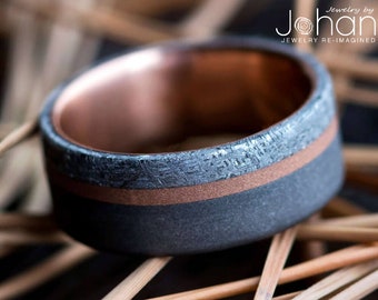 Rose Gold Meteorite Men's Wedding Band With Sandblasted Titanium