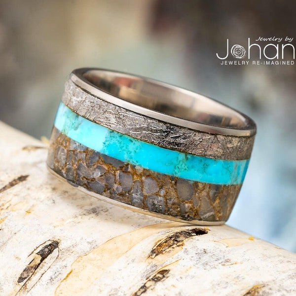 Gibeon Meteorite and Dinosaur Bone Wedding Band with Turquoise, Blue Wedding Band For Groom