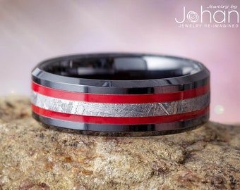 Black & Red Men's Wedding Band with Meteorite, Red Enamel Ring, Other Enamel Colors Available