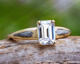 Emerald Cut Engagement Ring with Authentic Meteorite