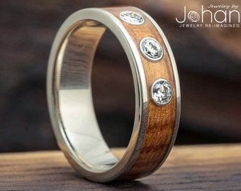 Diamond & Whiskey Barrel Oak Wood Men's Wedding Band, Bezel Set Diamond Ring for Groom