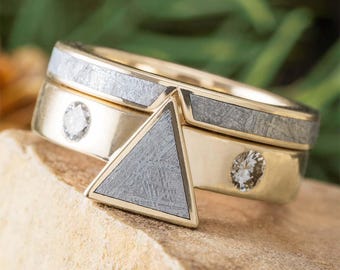 Conjunto de noivado Gibeon Meteorite com diamantes e ouro branco.
