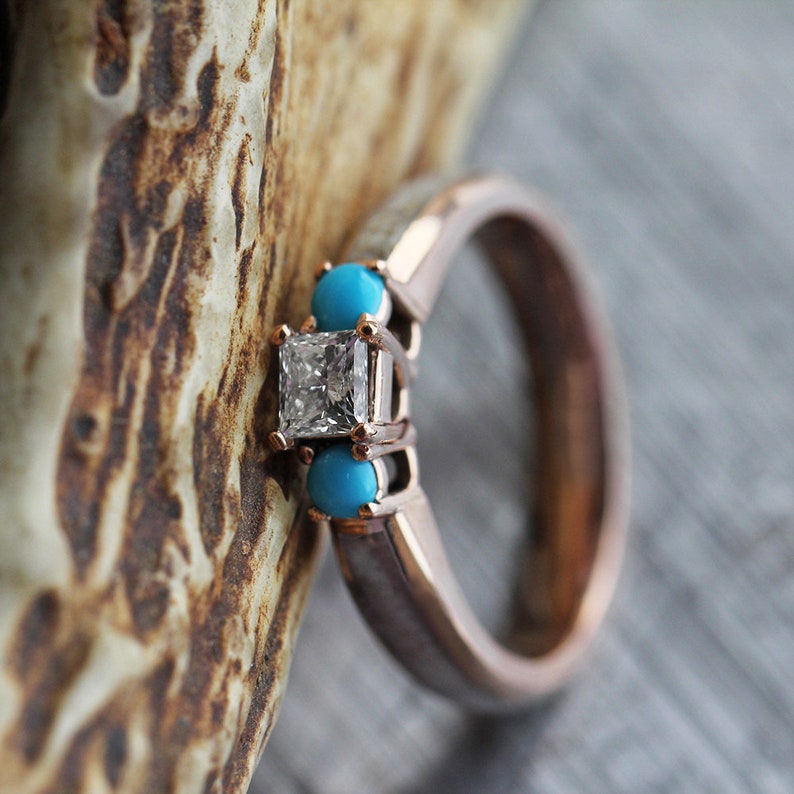 Antler Engagement Ring With Princess Cut Stone & Turquoise Etsy