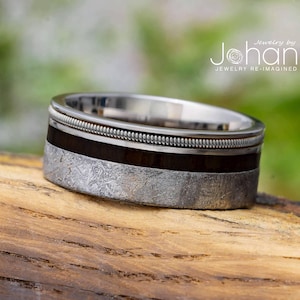 Meteorit Hochzeitsring, Gitarrensaiten Ring, Ebenholz Holz Inlay
