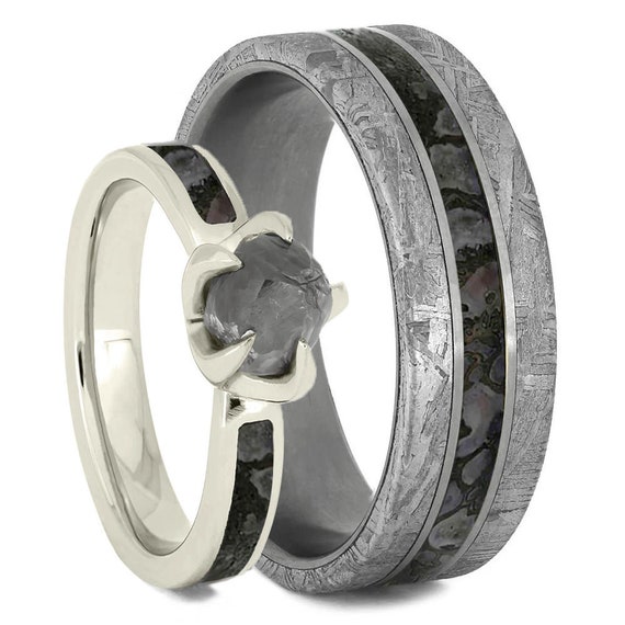 Meteorite Wedding Ring Set with Diamond Ring | Jewelry by Johan