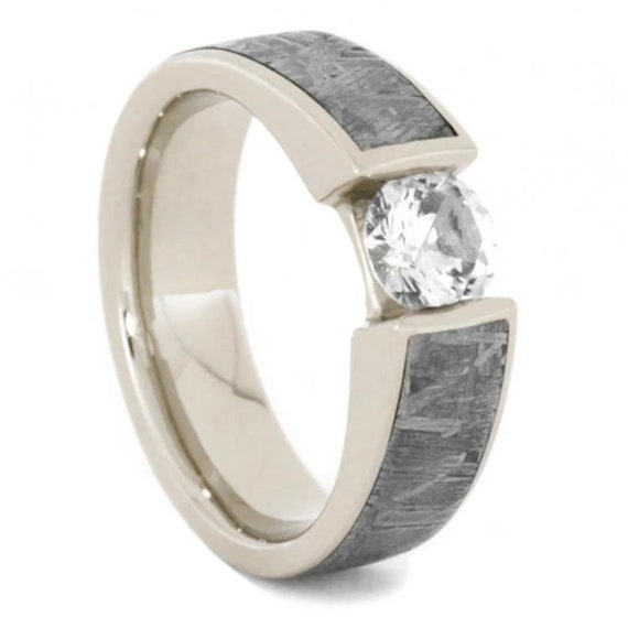 Tension Set Engagement Ring with Meteorite