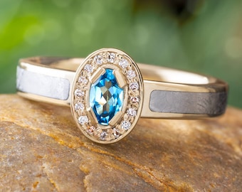 White Gold Halo Engagement Ring with Meteorite and Topaz