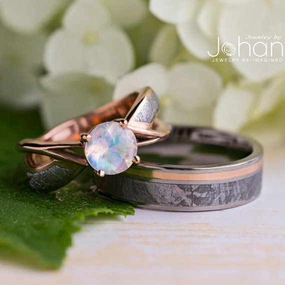 Meteorite Wedding Ring Set with Diamond Ring | Jewelry by Johan