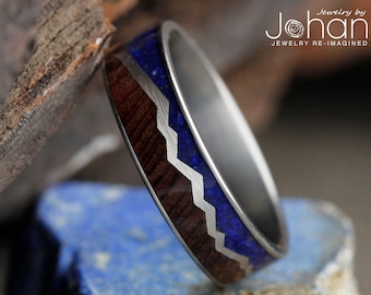 Mountain Ring with Lapis Lazuli & Natural Redwood Inlays, Customize With the Wood Type of Your Choice, 100+ Options