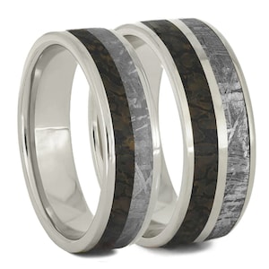 Meteorite & Fossil Ring Set, Unique Matching Wedding Bands Featuring ...