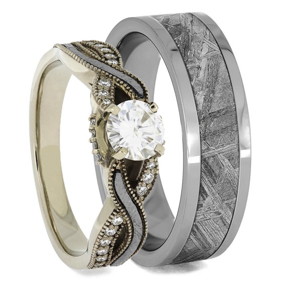 Meteorite Wedding Ring Set with Diamond Ring | Jewelry by Johan