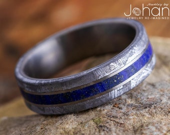 Lapis Lazuli Meteorite Men's Wedding Band, Matte Titanium Ring