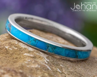 Genuine Kingman Turquoise Women's Wedding Band Crafted in Titanium, Gold or Platinum | Authentic Turquoise Ring for Her, Blue Wedding Band