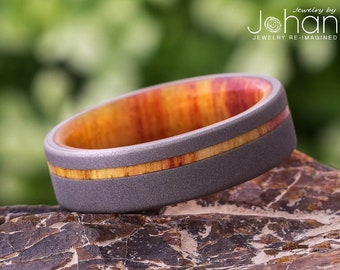 Tulipwood Ring with Sandblasted Titanium Finish, 6mm Wood Ring, In Stock