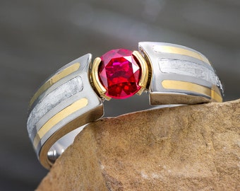 Modern Engagement Ring with Meteorite, Ruby, and Gold Pinstripes