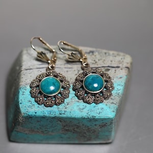 Genuine Eilat Stone Earrings, flower earrings, 925 Silver, stone earrings, king Solomon stone, silver jewelry, Eilat earrings, blue earrings