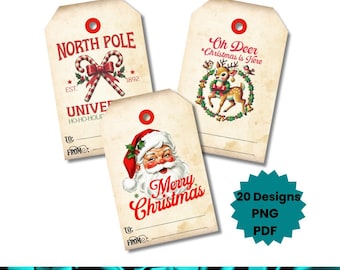 May include: Three vintage-style Christmas gift tags with red eyelets. One tag reads "North Pole" with candy canes, another says "Oh Deer Christmas is Here" with a deer, and the third says "Merry Christmas" with Santa Claus.